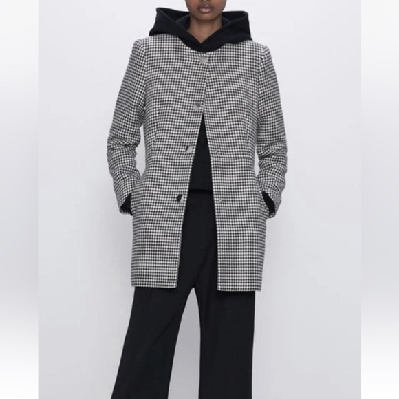 Zara Black and Ecru Check Gingham Frock Long Coat/Blazer Size Large - Picture 1 of 13